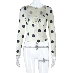 White Polka Dot Tie-up Front Long Sleeve Top