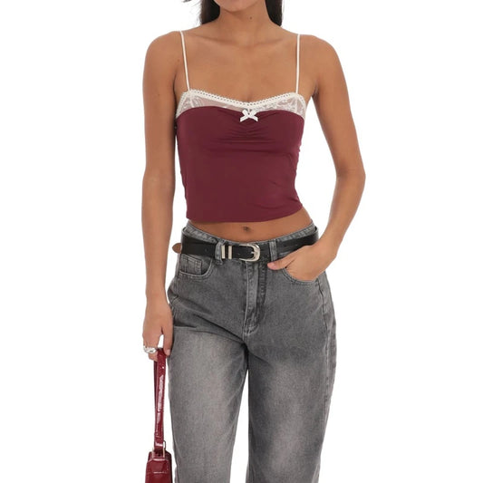 Lace Trim Spaghetti Strap Crop Top