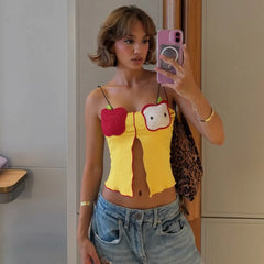Women's fruit embroidery split crop top with backless detail.

