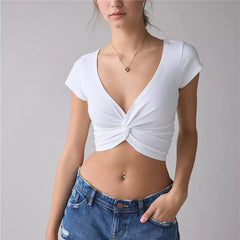 Polka Dot Deep V Front Twist Knot Crop Top