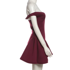 Burgundy Off-shoulder Plunge Backless Mini Dress