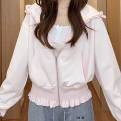 Pink Hooded Frill Hem Zipper Crop Sweatshirt
