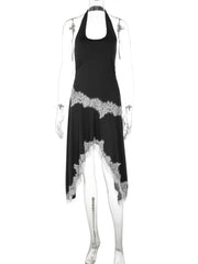 Black Halter Lace Trim Irregular Hem Midi Dress