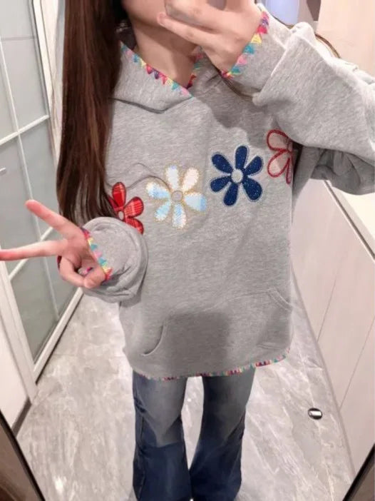 Grey Flower Embroidery Pocket Hoodie