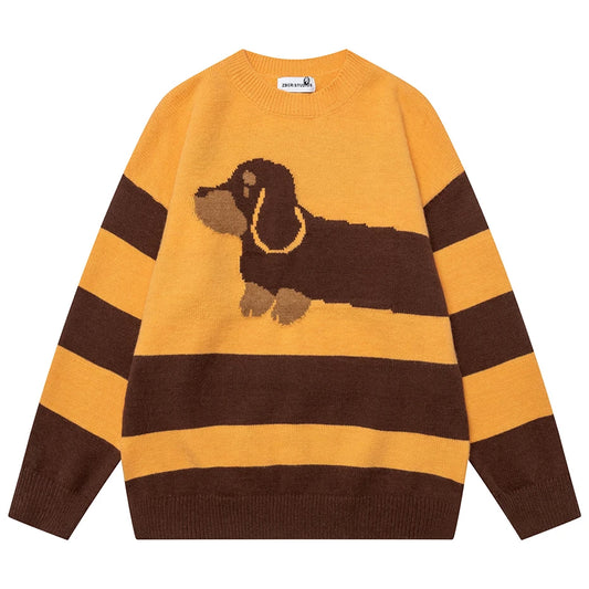 Dog Graphic Stripe Knit Pullover Top