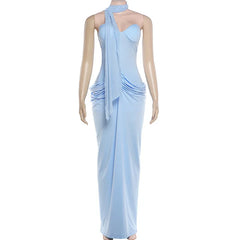 Pleated Waist Strapless Corset Maxi Dress With Scarf