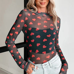 Black Sheer Heart Print Bodysuit