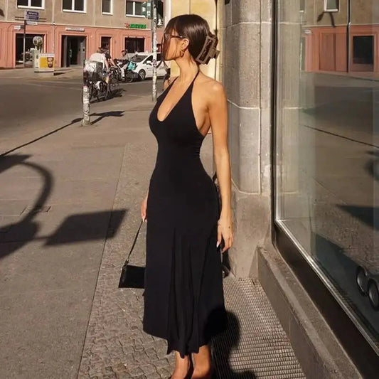Black Deep V Neck Solid Midi Dress