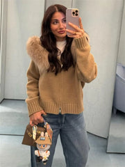 Fluffy Zipper Hoddie Knit Cardigan