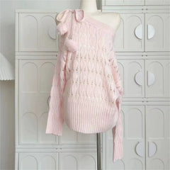 Knitted Off Shoulder Pom Pom Tie Up Sweatshirt