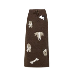 Brown Knit Cute Dog Jacquard Print Midi Skirt