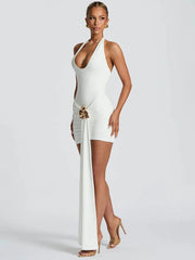 Halter Metal Flower Draped Ruched Mini Dress