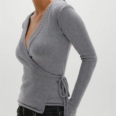 Grey Knitted Wrap Cardigan Top