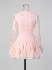 Lace Sheer Pleated Buttoned Long Sleeve Mini Dress