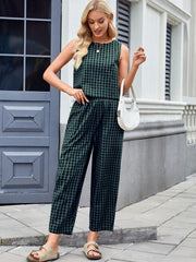 Printed Plaid Sleeveless Vest And Wide Pants Set