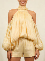 Stand Collar  Off The Shoulder Cut Ribion Blouse