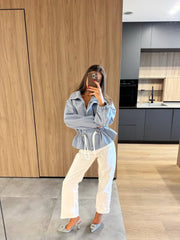 High Neck Snap Button Drawstring Crop Jacket