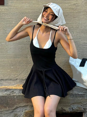 Black Drawstring Double String Mini Dress