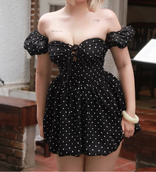 Black Polka Dot Off-Shoulder Puff Sleeve A-Line Mini Dress
