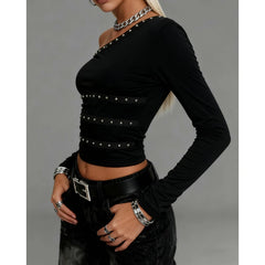 Black Off Shoulder Studded Top