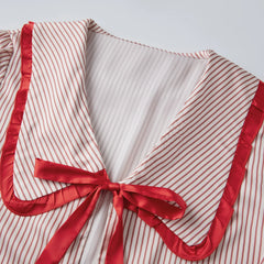 Christmas Peter Pan Collar Front Tie Long Sleeve Top And Shorts Striped Plaid Pajama Set