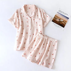 Cotton Peach Print Short-sleeved Shirt And Shorts Pajama Set