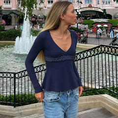 Blue Long Sleeve Polka Dot Band Peplum Top