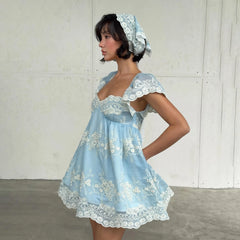 Embroidered Lace Bubble Sleeves Mini Dress