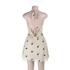 White Polka Dot Print Halter Neck Open Back Mini A-line Dress