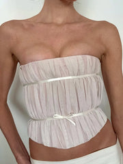 Strapless Mesh Satin Bow Tie Crop Top