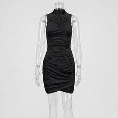 Ruched Bodycon Sleeveless High Neck Mini Dress