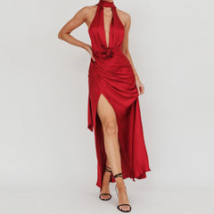 Satin Long Halter 3D Flower Split Long Dress