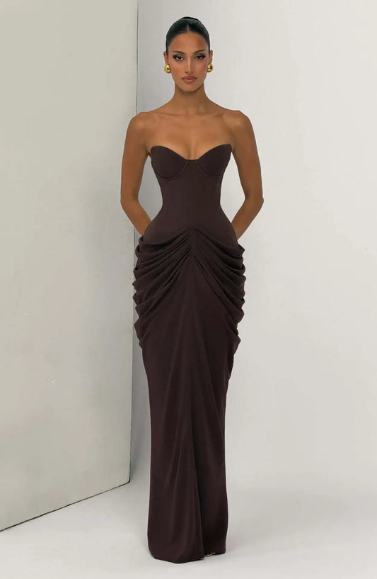 Pleated Waist Corset Strapless Lace Up Maxi Dress
