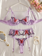 Purple Butterfly Embroidery Lingerie Set