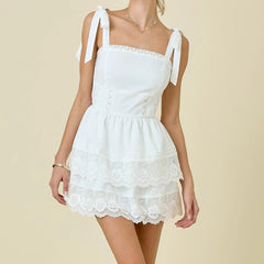 Lace Eyelet Layered Tie Up Mini Dress