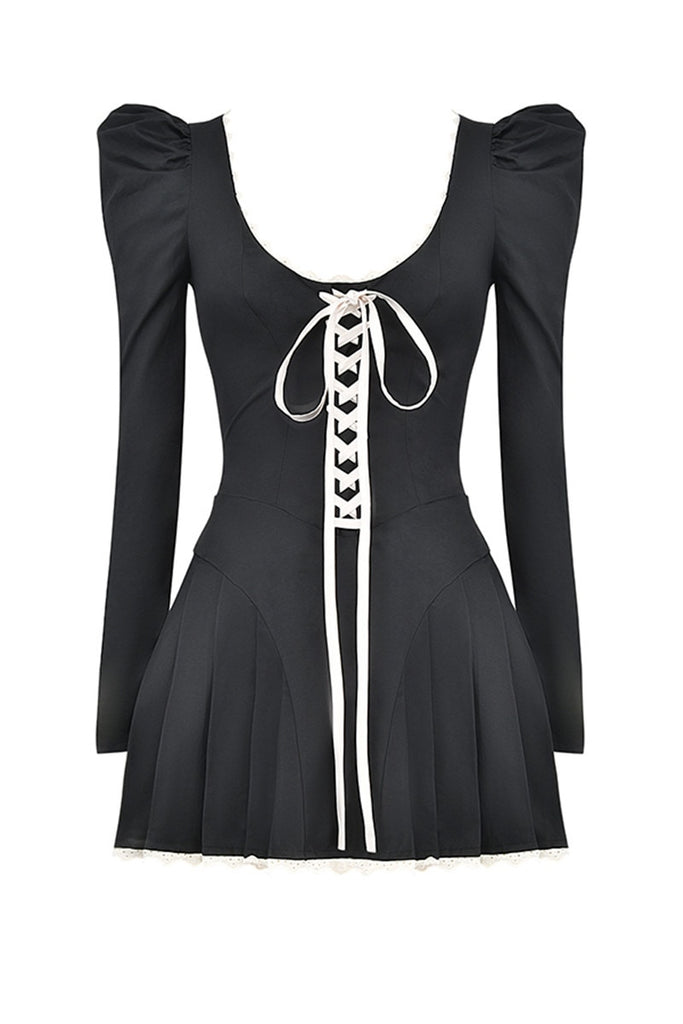 Lace Tie-Up Black Puff Long Sleeve Mini Dress