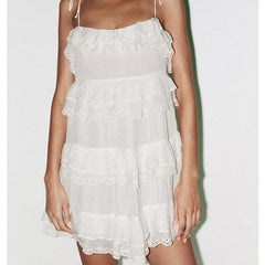 White Layered Ruffle Sling Short Dress