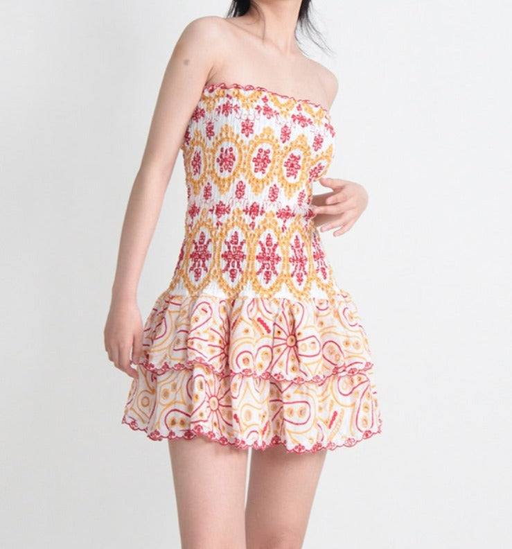Embroidered Design Tube Ruched Mini Dress