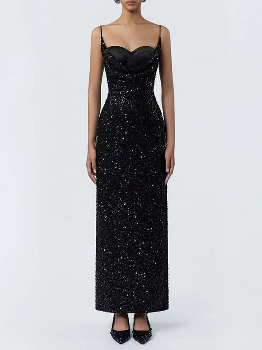 Black Sequin Spaghetti Strap Cowl Neck Midi Dress