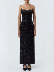 Black Sequin Spaghetti Strap Cowl Neck Midi Dress