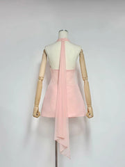Halter Neck Folds Draped Pleated Hem Mini Dress