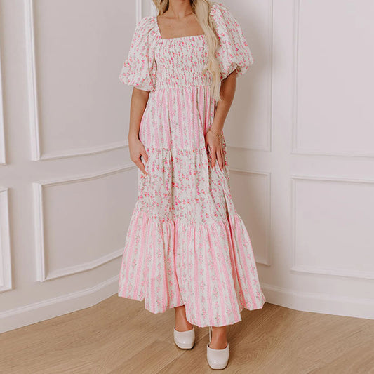 Pink Floral Patchwork Smocked Square Neck Short Puff Sleeve Maxi Dress