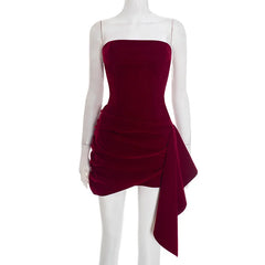 Velvet Strapless Ribbon Pleated Mini Dress