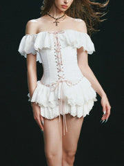 White Slash Neck Ruffle Tie Up Frill Mini Dress