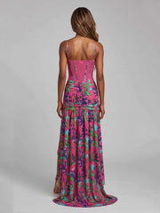 Pink Spaghetti Strap Floral Printed Split Long Dress