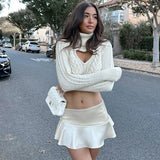 White Satin Irregular Pleated Micro Mini Skirt