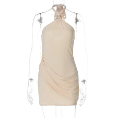 Mesh Pleated Waist Mini Halter Dress