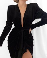 Black Velvet Deep Neck Long Sleeve Mini Dress
