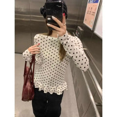 Polka Dot Ruffle Trim Long Sleeve T-Shirt