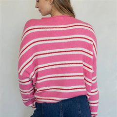 Striped Button Up Long Sleeve Crew Neck Sweater